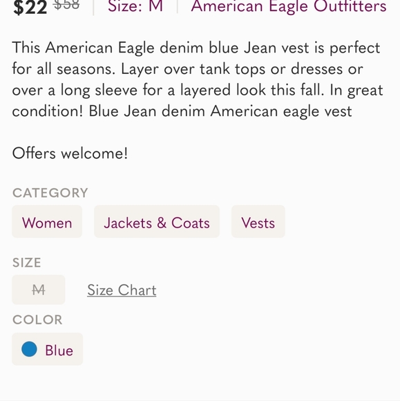 American Eagle Denim Jean Vest - M Blue - Picture 7 of 7